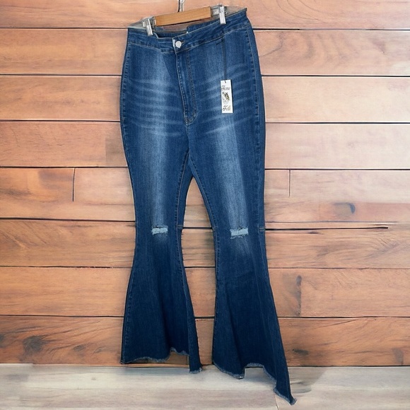 Home Folk Distressed Women's Mid Wash Blue Flare Jeans - Picture 4 of 16